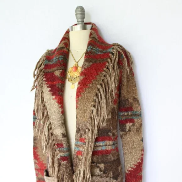 SOLD. RALPH LAUREN Denim Supply fringe polo RRL wool Aztec tribal Cardigan - Picture 3 of 10